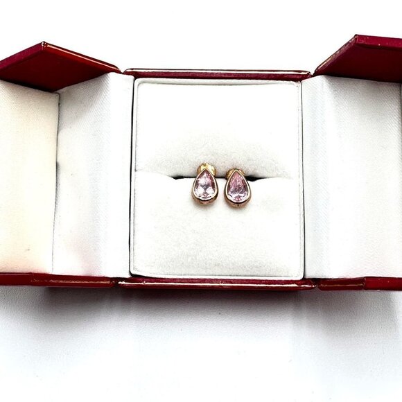 Estate 14K Yellow Gold Pink Cubic Zirconia Teardrop Pierced Stud Earrings - Picture 2 of 3